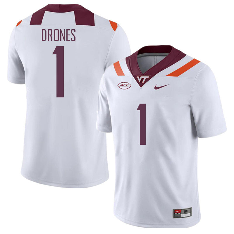 Men #1 Kyron Drones Virginia Tech Hokies College Football Jerseys Stitched Sale-White